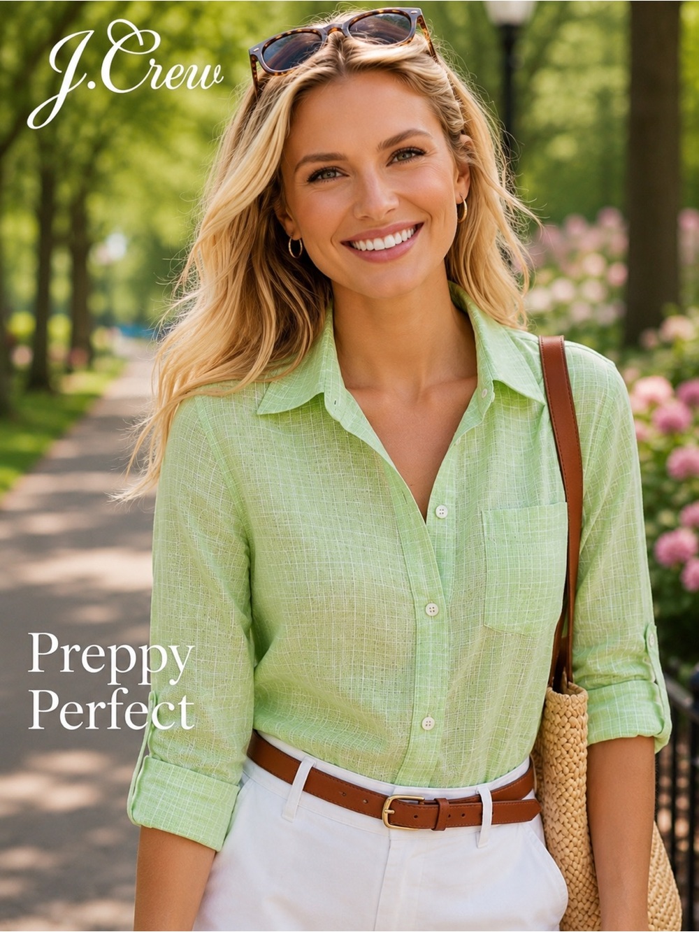 J. Crew Lightweight Summer Weight Women's Green and White Button-Down Shirt